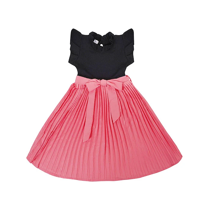 Meesho kids wear product photo of a girls' black ruffle-sleeve top with pink pleated skirt and satin bow, shot as a hollow ghost mannequin image on a pure white background with soft even light