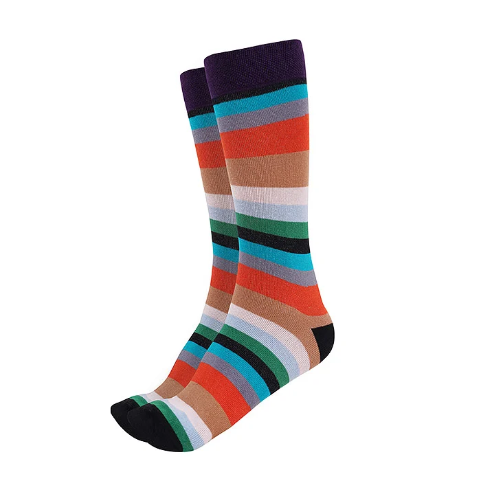 Studio product photo of multicolour striped crew socks in purple, teal, orange, beige and black bands on a pure white background, shot with locked white balance and even lighting so every stripe colour stays true for an ecommerce listing