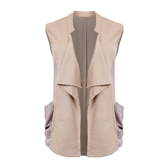 Beige open-front sleeveless waterfall jacket photographed on an invisible ghost mannequin against a pure white background, showing the true drape, lapel shape and fabric texture with even shadow-free lighting, the honest garment image that prevents not-as-shown returns on Meesho