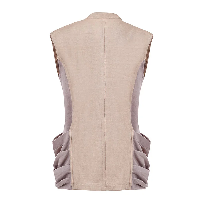 Back view ghost mannequin photo of a beige sleeveless waterfall jacket with grey side panels and gathered pockets on a white background, showing back construction detail buyers need to avoid Meesho size issue returns