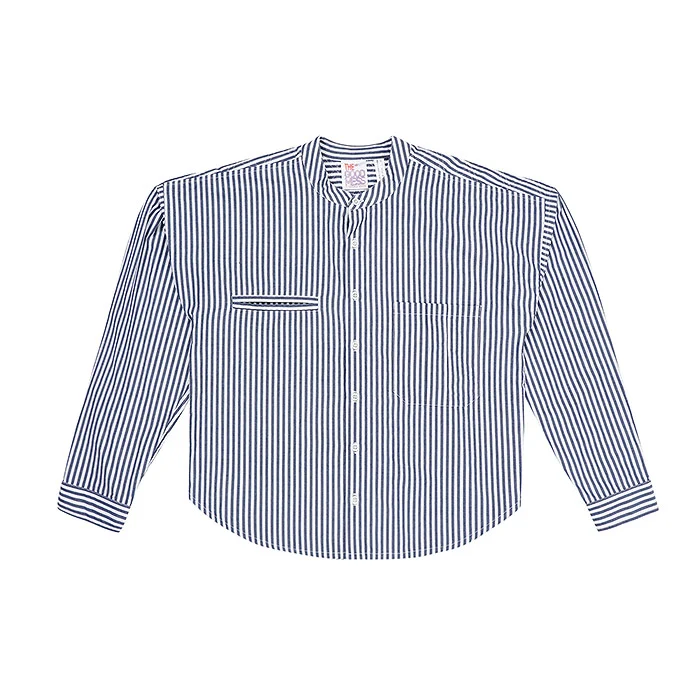 Blue and white striped band-collar shirt with a chest welt pocket laid perfectly flat on a pure white background, a basics product where stills plus one short reel keep catalogue video budget under control