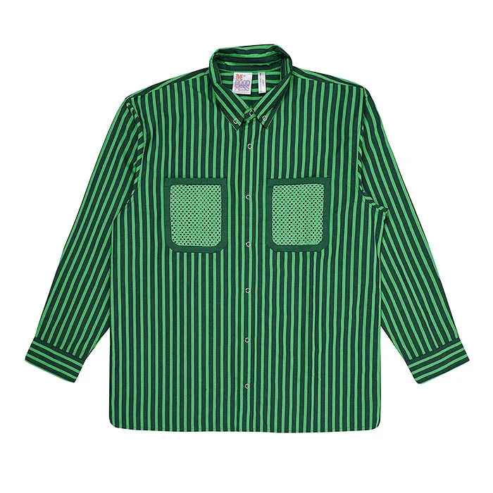 Green and white striped full-sleeve shirt with mesh chest pockets laid perfectly flat on a pure white background, sharp even lighting showing collar, buttons and stripe alignment for an m-now catalogue requirements reference