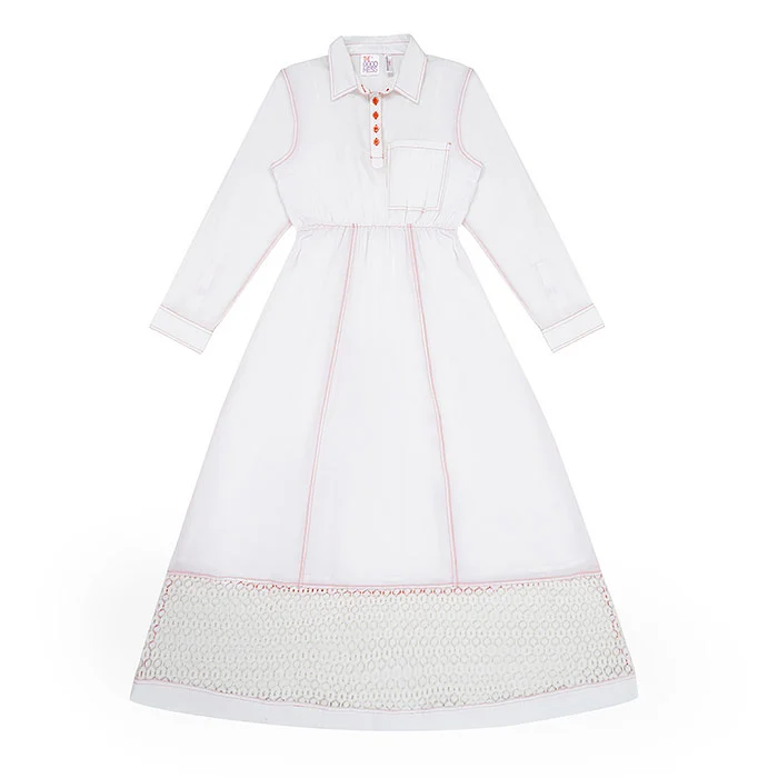 White cotton girls' collared maxi dress with pink contrast stitching and lace hem photographed off-model on a clean white background, a kids' clothing flat image that meets Amazon off-model rules