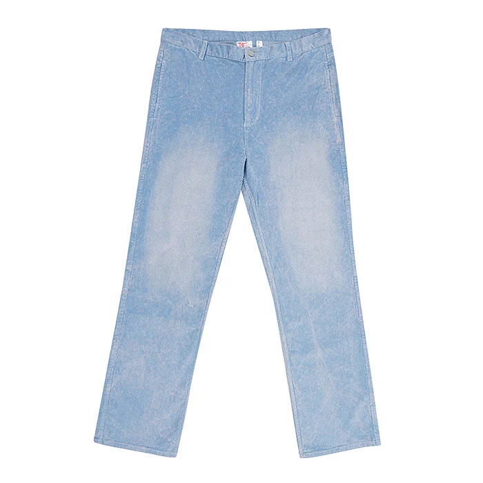 Flat lay product photo of light blue corduroy straight-fit kids jeans laid neatly on a pure white background, full length visible from waistband to hem with even shadow-free lighting for a Myntra catalogue