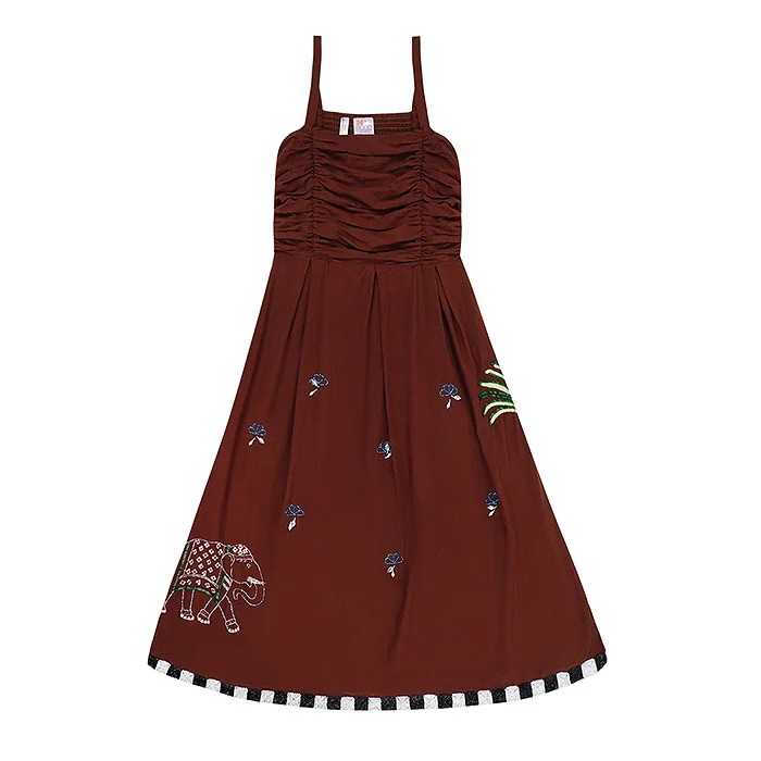 Maroon sleeveless girls' frock with embroidered elephant motifs and a striped hem photographed on a pure white background, the kind of hero garment that a kids model photoshoot then shows in motion on a real child
