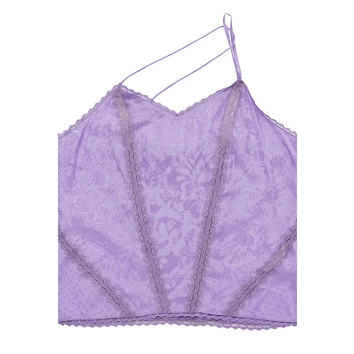 True colour product photo of a lavender lace camisole top with an asymmetric strap laid flat on a pure white background, soft even overhead lighting preserving the delicate pastel purple shade and lace texture for fabric colour correction reference