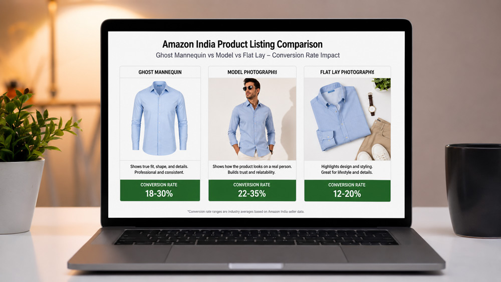 Amazon India product listing comparison ghost mannequin vs model vs flat lay conversion rate chart Uniqs Studio Delhi