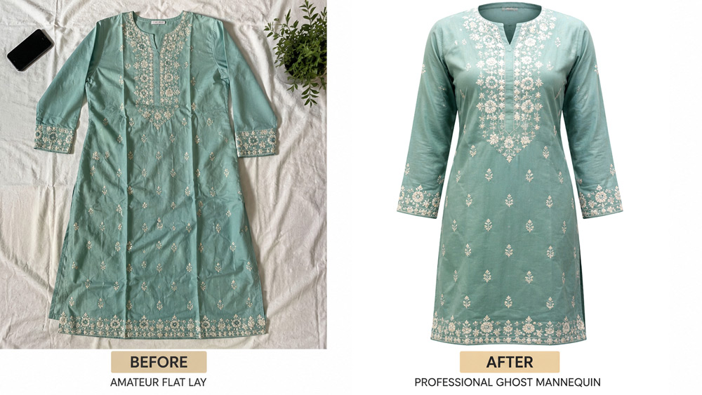 Before and after comparison showing designer kurta photographed with amateur flat lay versus professional ghost mannequin technique at Uniqs Studio Delhi