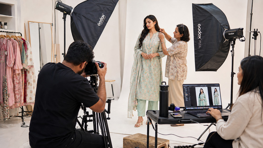 Behind the scenes of a busy fashion catalogue photography shoot at Uniqs Studio Delhi with photographer, stylist and model working together under professional studio lighting