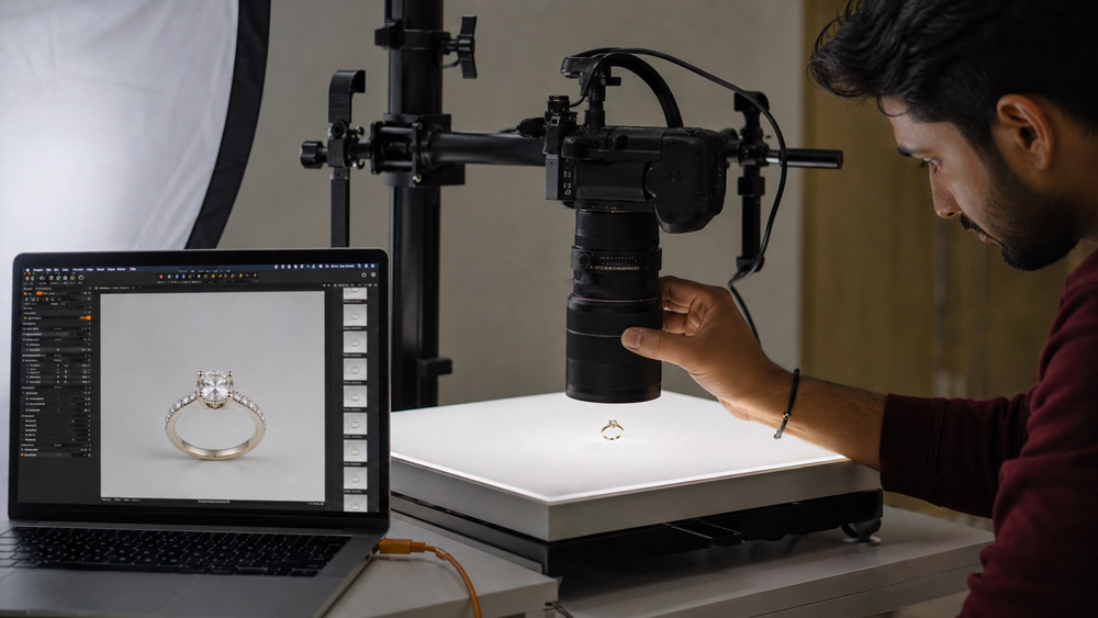 Behind-the-scenes Uniqs Studio jewellery photography shoot in Delhi NCR studio with photographer adjusting macro lens over diamond ring on light table with tethered laptop showing live shot