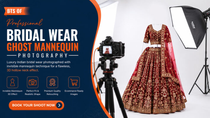 Professional bridal wear ghost mannequin photography behind-the-scenes showing a deep red bridal lehenga with gold zardozi embroidery, invisible mannequin 3D hollow neck effect, studio lighting setup, DSLR camera, and ecommerce catalog production.