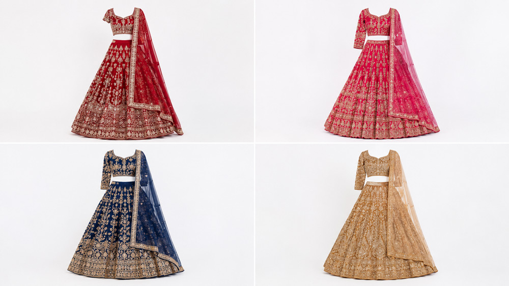 Grid layout showcasing four bridal lehengas in red pink royal blue and gold shot with ghost mannequin technique displaying invisible 3D neck effect on white background luxury Indian bridal wear catalog photography