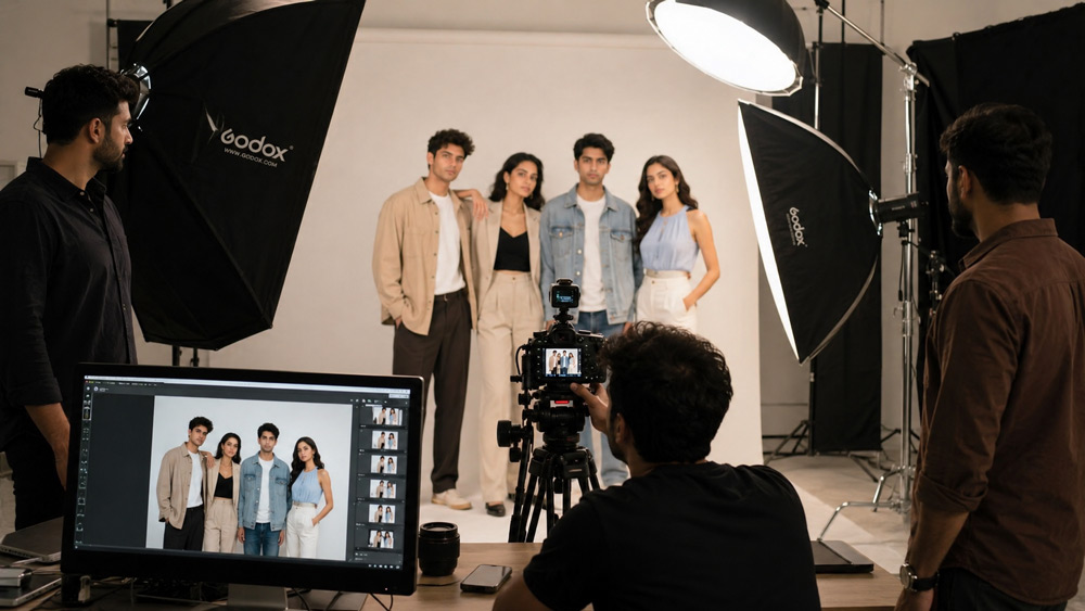 Editorial fashion photograph of a model wearing premium clothing in a professional studio with soft cinematic lighting for e-commerce listing