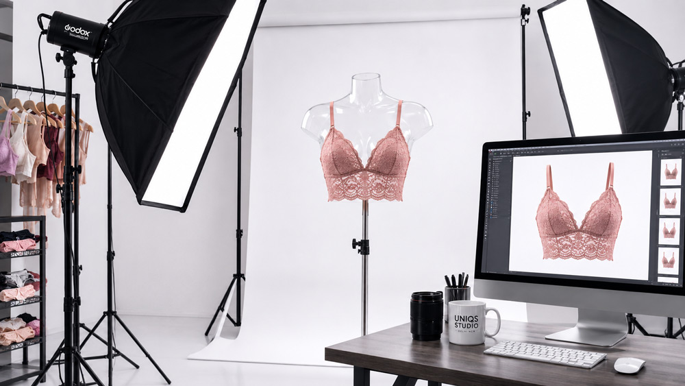 Premium ghost mannequin photography of a blush lace bralette floating in mid-air on a pure white studio background with soft directional lighting, showcasing 3D invisible dressform effect for Indian lingerie brand catalog by Uniqs Studio Delhi NCR