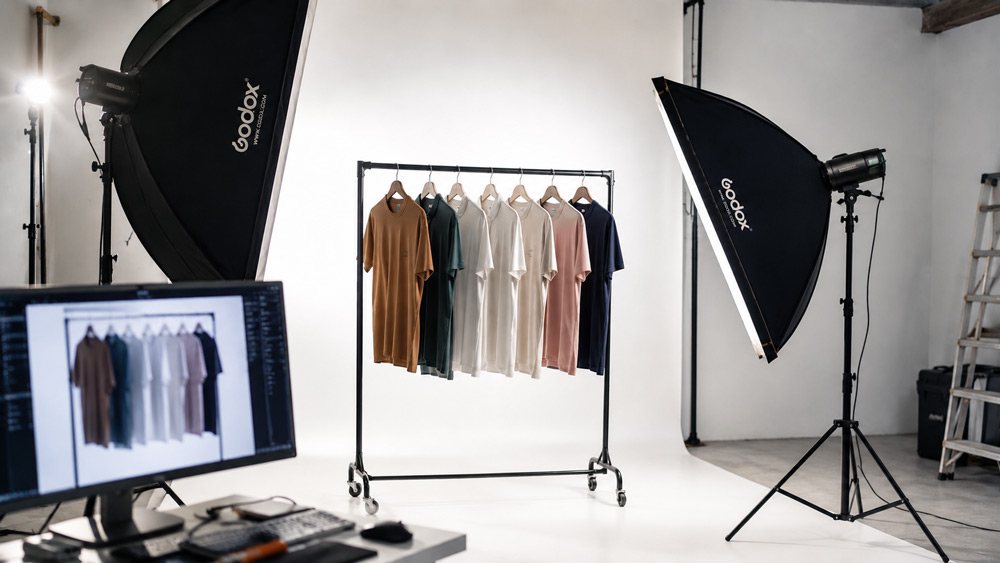 Professional apparel photography setup showing well-lit clothing on a rack for high-converting ecommerce product listings