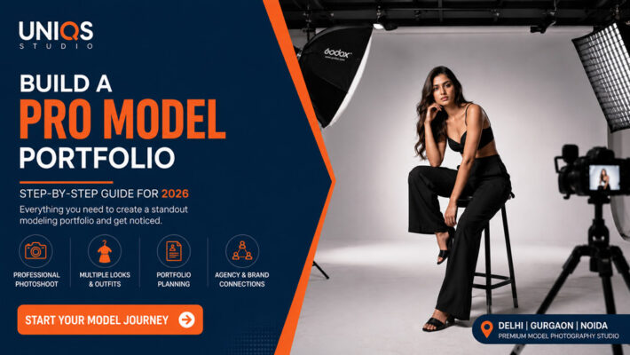 Professional model portfolio guide banner featuring an Indian model posing in a modern photography studio with softbox lighting and portfolio planning highlights in Delhi NCR.