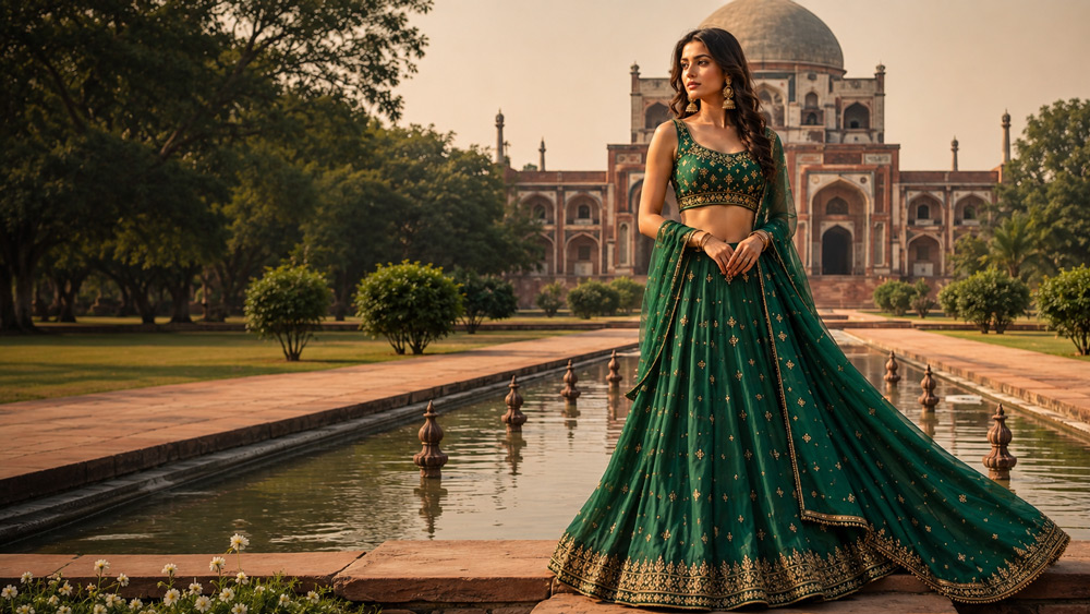 Editorial fashion portrait of a young Indian female model in a flowing emerald green lehenga standing near the central water channel of Sunder Nursery Delhi with restored Mughal architecture background and morning golden light