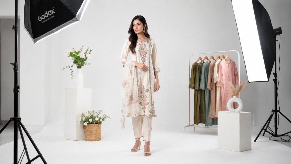 Professional fashion catalogue photography shoot with a female model in designer clothing under studio softbox lighting on a seamless white backdrop, editorial magazine style at Uniqs Studio Delhi