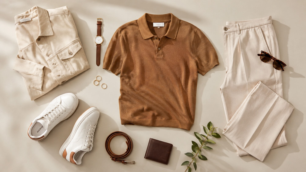 Styled flat lay fashion photography for an apparel catalogue, neatly arranged clothing and accessories on a neutral background with soft even lighting for e-commerce and social media