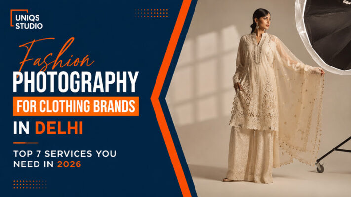 Editorial fashion photography shoot for a clothing brand in a premium Delhi studio featuring an Indian female model under professional softbox lighting with split infographic design.