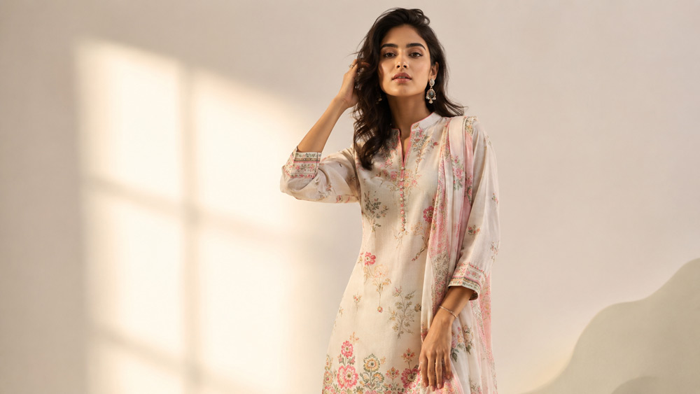 On-model lifestyle fashion photography for a Delhi clothing brand, stylish model in premium apparel photographed with soft studio lighting for e-commerce and social media marketing