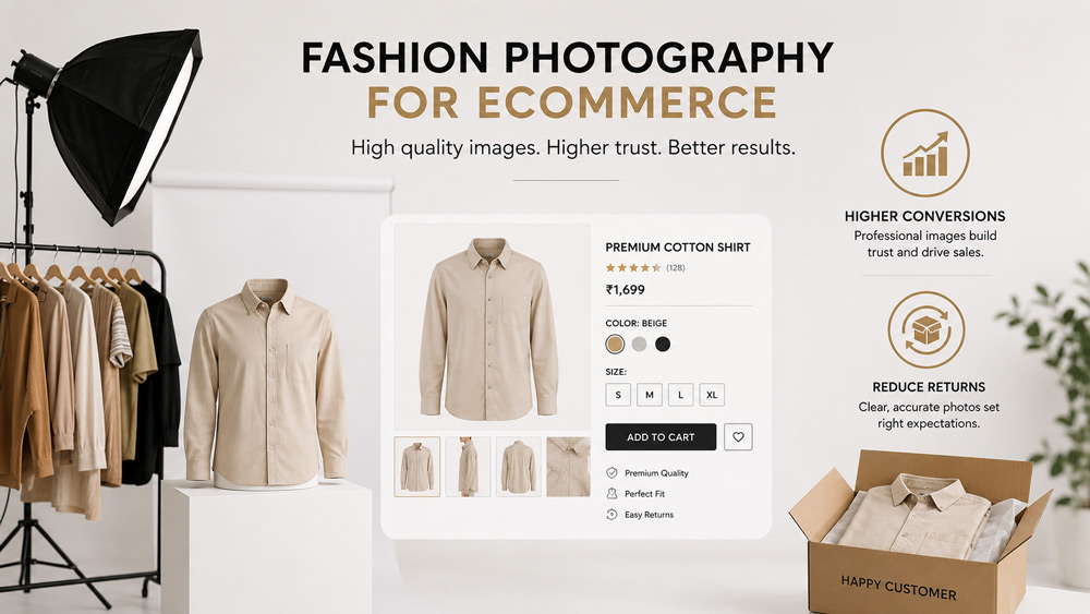 Ecommerce fashion photography infographic concept showing how quality product images increase conversions and reduce returns with clean minimal styling