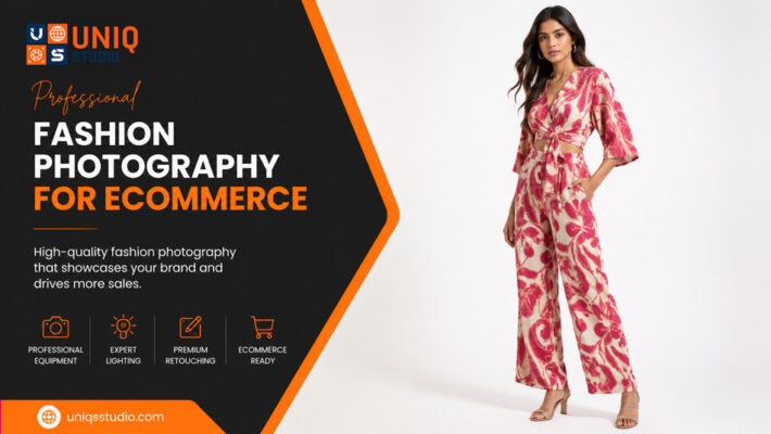 Fashion photography for ecommerce featuring an Indian model in a stylish outfit under soft studio lighting on a clean white cyclorama background with a split infographic layout.
