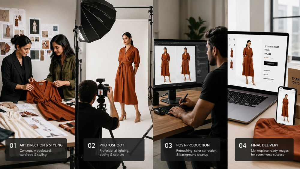 Uniqs Studio fashion photography for ecommerce process from art direction and styling to shooting retouching and final marketplace-ready delivery