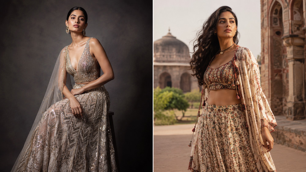 Side-by-side visual comparison of an Indian fashion model in couture under moody studio lighting beside the same model in a bohemian outfit at a Delhi outdoor location with natural sunlight