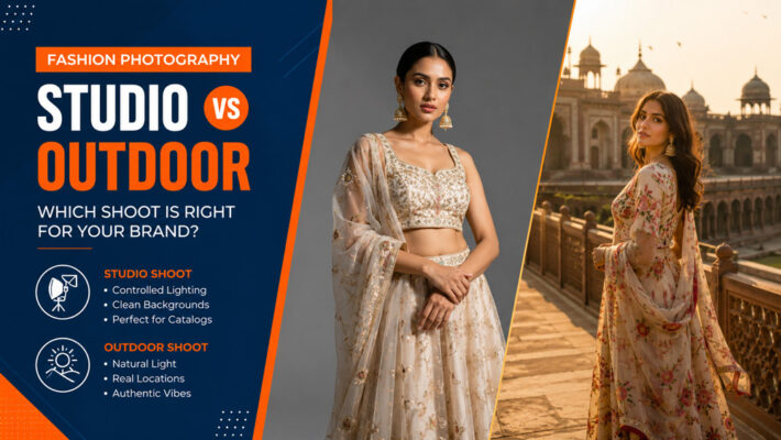 Split-screen comparison of Indian fashion photography showing a female model in a professional studio with dramatic lighting alongside an outdoor golden-hour fashion shoot at a Delhi heritage location.