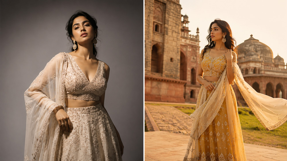 Split-screen editorial fashion photography comparison showing an Indian female model under dramatic studio lighting on a seamless grey backdrop beside an outdoor golden-hour shoot at a Delhi heritage location, Uniqs Studio
