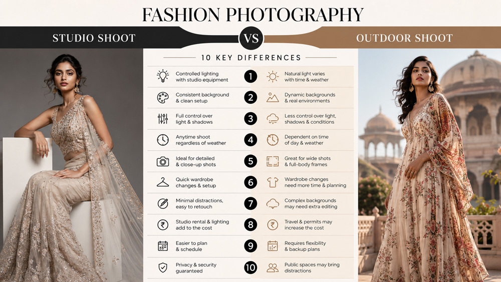 Modern minimalist infographic style split comparison of ten key differences between fashion photography studio and outdoor shoot with elegant editorial typography