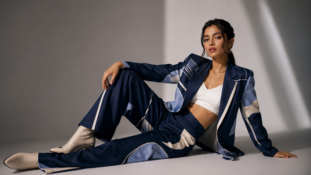 Modern editorial fashion photoshoot showing a model in bold 2026 styling under soft studio lighting, premium magazine aesthetic with clean minimal backdrop for a Delhi clothing brand campaign