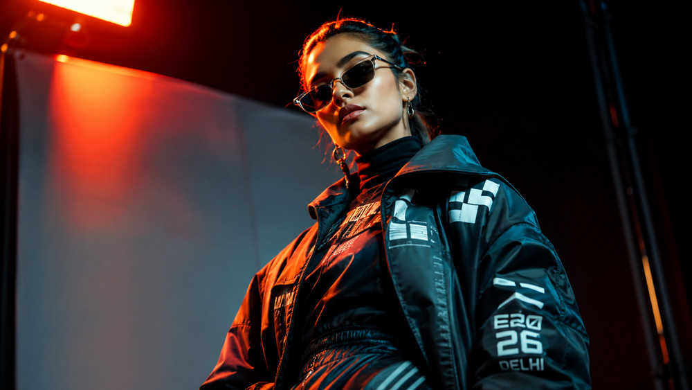 Cinematic high-fashion editorial photograph of a model in avant-garde 2026 streetwear with dramatic studio lighting and bold colour grading, shot at Uniqs Studio Delhi, magazine cover quality, 85mm lens, shallow depth of field