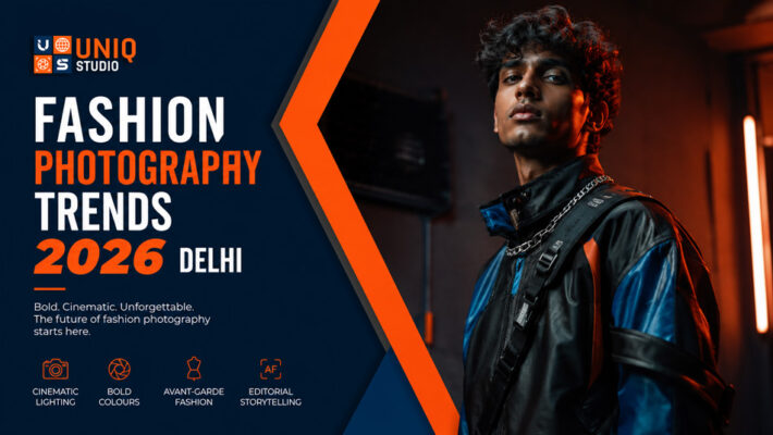 Fashion Photography Trends 2026 Delhi featuring an Indian fashion model in avant-garde streetwear with cinematic editorial studio lighting at Uniqs Studio Delhi.