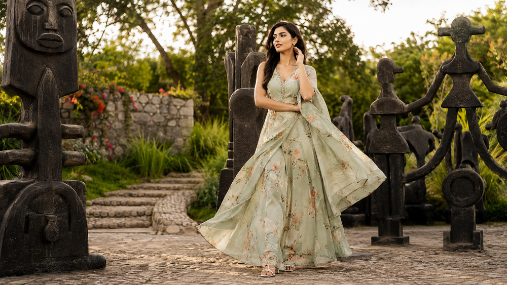 Elegant editorial fashion photograph of a female model in soft flowing outfit at Garden of Five Senses Delhi surrounded by artistic sculptures and lush green landscaping in dreamy afternoon light