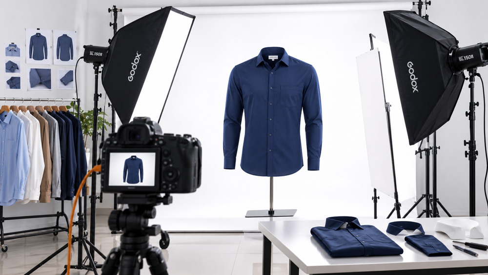Ghost mannequin apparel photography example showing a folded invisible mannequin shirt on a pure white background with crisp studio lighting for an ecommerce catalog