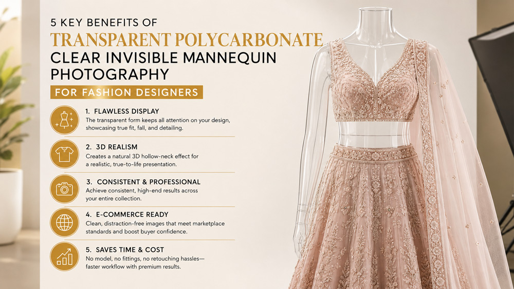 Editorial infographic showing five key benefits of ghost mannequin photography for fashion designers in Delhi NCR with muted gold accents