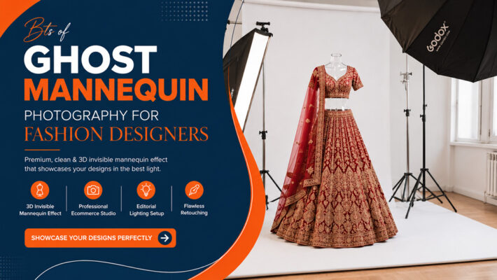 Behind the scenes of ghost mannequin photography for fashion designers in an Indian ecommerce studio featuring a designer lehenga on a transparent polycarbonate clear invisible mannequin with professional editorial lighting.