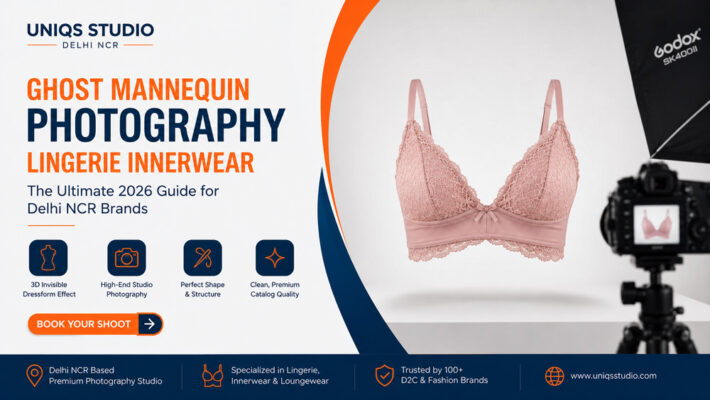 Ghost mannequin photography banner showing a realistic blush lace bralette on an invisible mannequin inside a professional studio setup for lingerie and innerwear product photography in Delhi NCR.