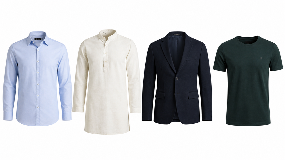 Ghost mannequin photography for menswear including shirts, kurtas, blazers, and t-shirts by Uniqs Studio Delhi with invisible mannequin 3D effect on white background