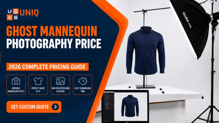 Ghost mannequin photography pricing guide in Delhi showing a professional apparel photography studio setup with a ghost mannequin, softbox lighting, white seamless background, and product editing workstation by Uniqs Studio.