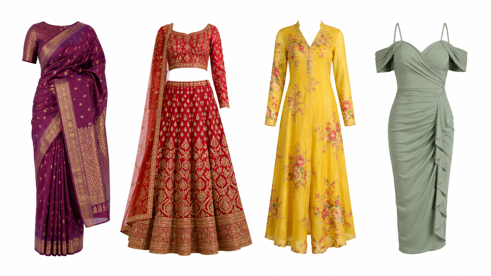 Ghost mannequin photography for womenswear including sarees, lehengas, kurtis, and western dresses shot at Uniqs Studio Delhi with invisible mannequin 3D dimensional effect on pure white background