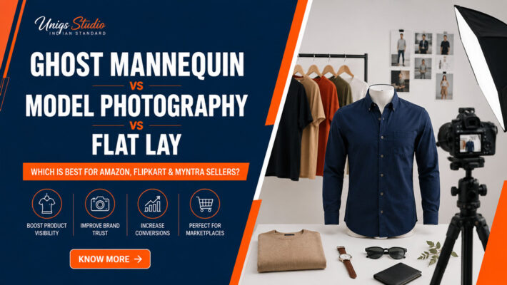 Editorial split infographic comparing ghost mannequin, model photography and flat lay for Amazon, Flipkart and Myntra sellers, featuring a professional apparel photography studio behind the scenes.