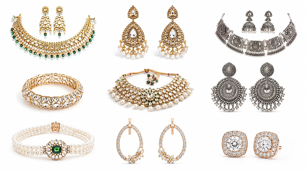 Grid of fashion jewellery types including kundan, polki, oxidised silver, pearl and American diamond pieces on pure white catalogue background
