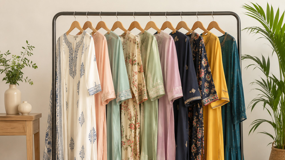 High-resolution apparel catalogue photography of neatly arranged designer clothing on a clean rack, soft even studio lighting, e-commerce ready product presentation