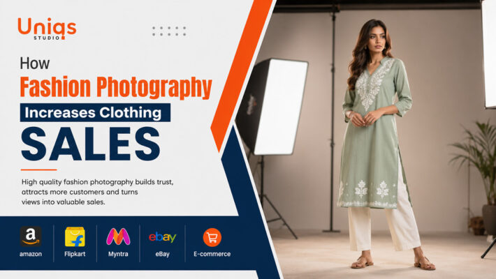 Professional editorial fashion photography featuring an Indian model wearing premium clothing in a modern ecommerce studio with soft cinematic lighting for online marketplace product listings.