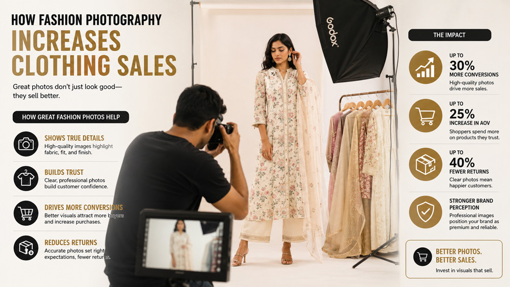 Infographic-style fashion model photoshoot showing how professional images increase clothing conversions and reduce returns
