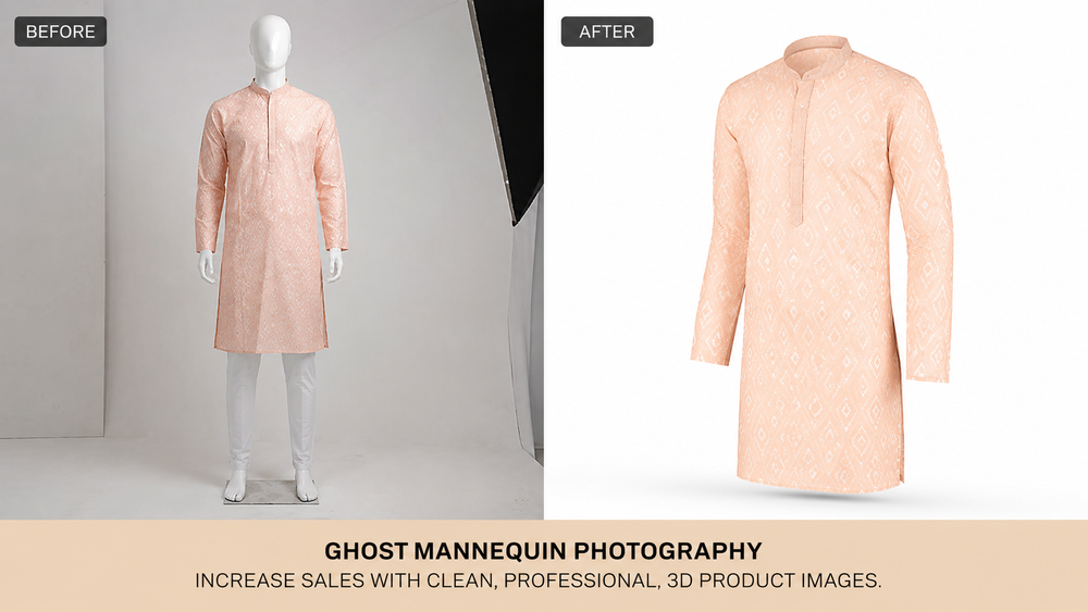 Ghost mannequin photography increase sales - before and after comparison of designer kurta shot at Uniqs Studio Delhi NCR with professional invisible mannequin 3D effect