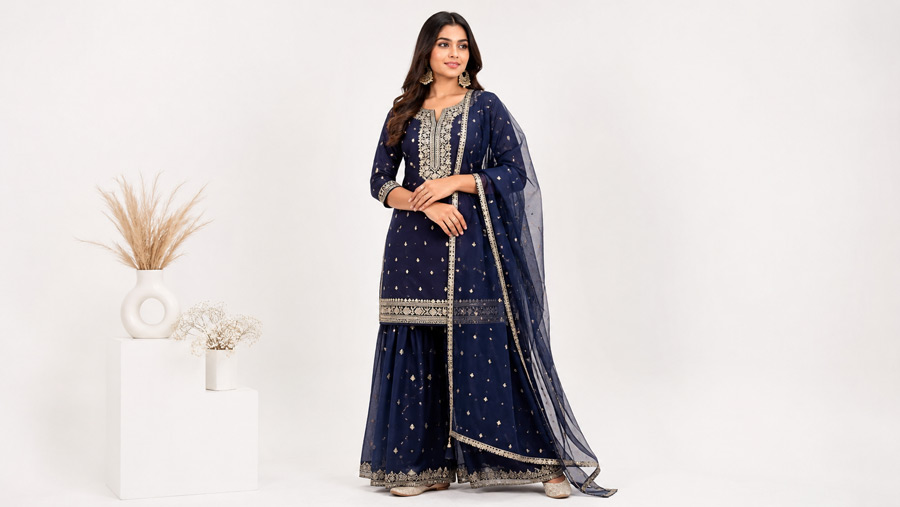 Indian female fashion model posing gracefully in designer wear during an on-model catalogue photography session, seamless white studio background, editorial fashion magazine aesthetic
